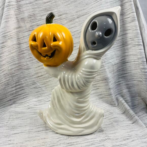 Vintage Ceramic Halloween Ghost Holding Pumpkin Jack-o-lantern 12” Spooky Decor - Picture 1 of 8